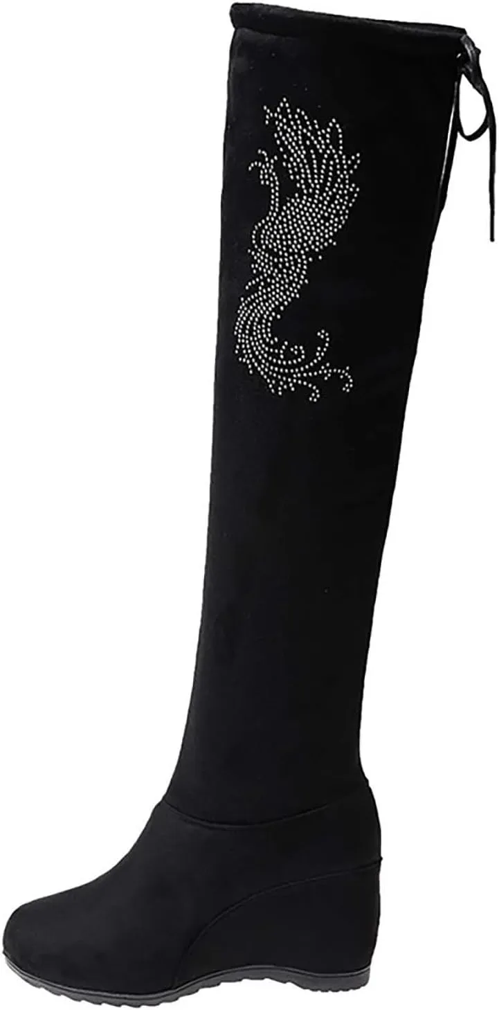 Women Over The Knee High Boots Warm Faux Suede Winter Long Boot with Side Zipper Back Lace Fashion Thigh Booties