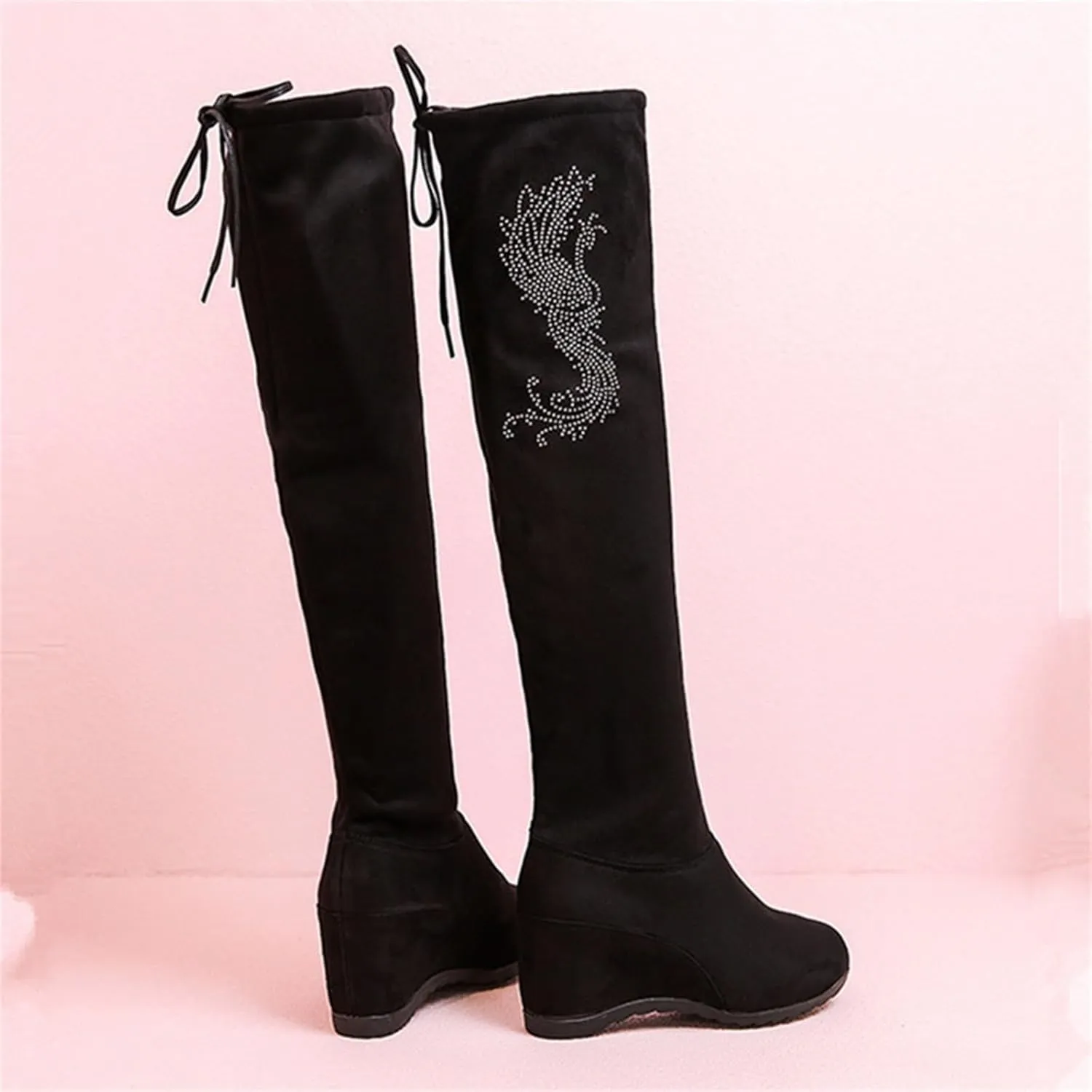 Women Over The Knee High Boots Warm Faux Suede Winter Long Boot with Side Zipper Back Lace Fashion Thigh Booties