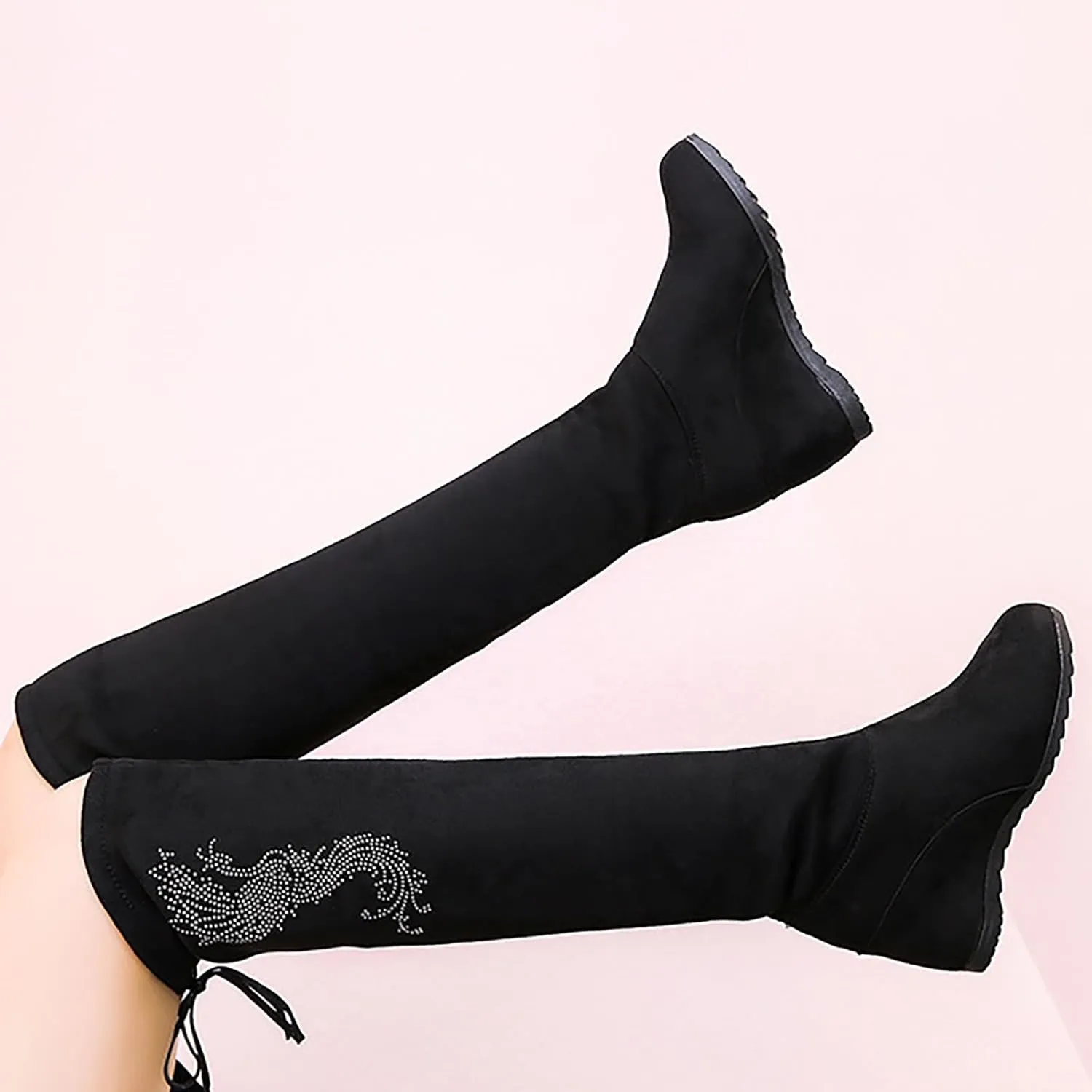 Women Over The Knee High Boots Warm Faux Suede Winter Long Boot with Side Zipper Back Lace Fashion Thigh Booties