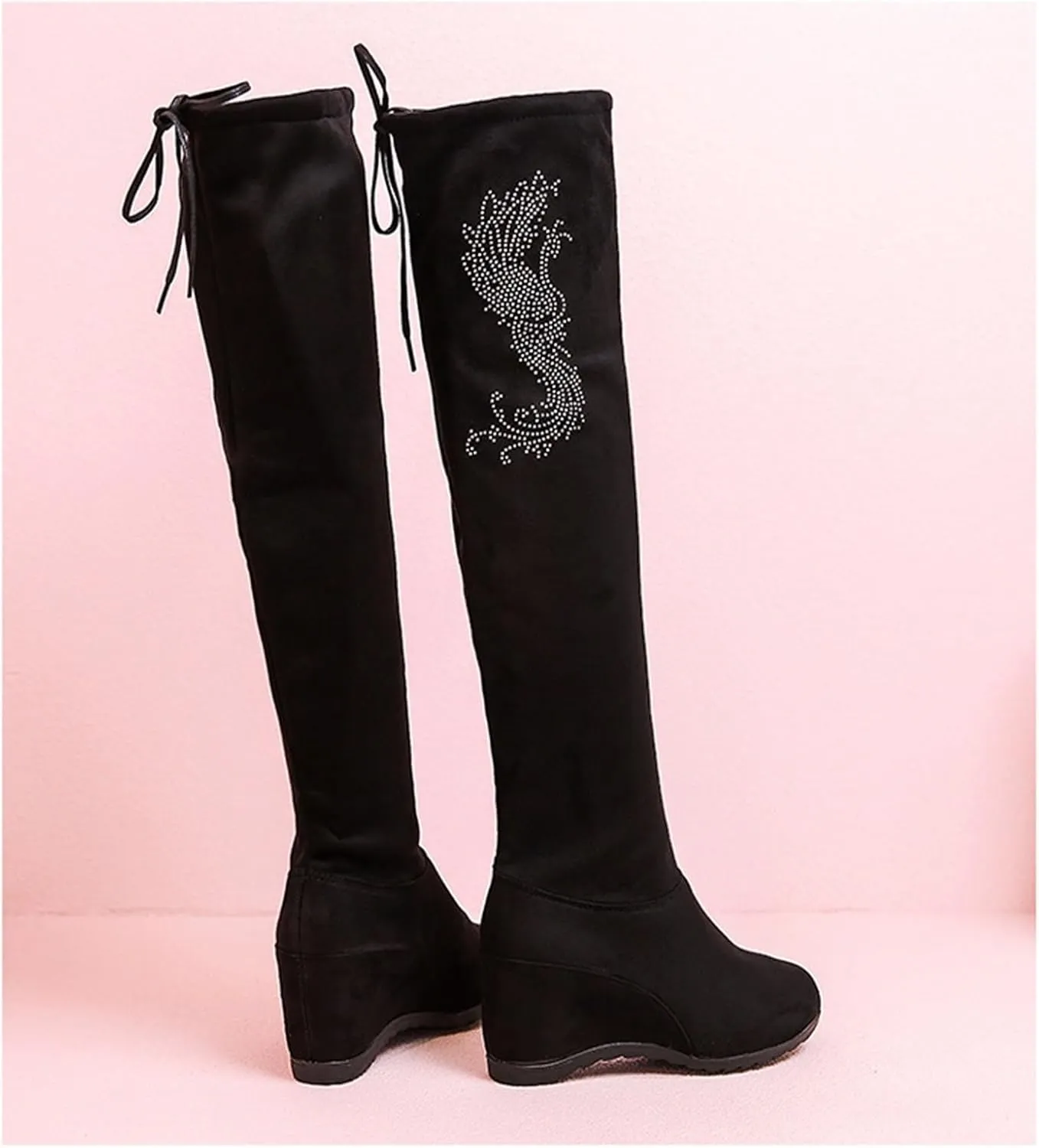 Women Over The Knee High Boots Warm Faux Suede Winter Long Boot with Side Zipper Back Lace Fashion Thigh Booties
