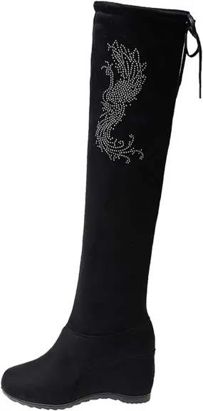 Women Over The Knee High Boots Warm Faux Suede Winter Long Boot with Side Zipper Back Lace Fashion Thigh Booties