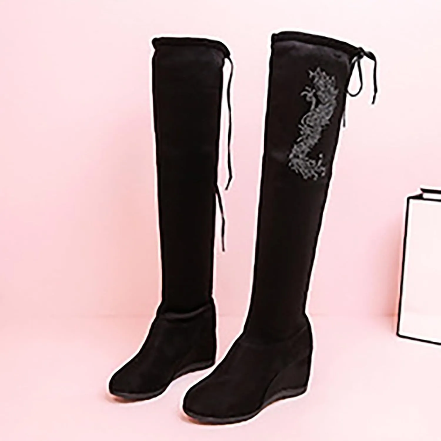 Women Over The Knee High Boots Warm Faux Suede Winter Long Boot with Side Zipper Back Lace Fashion Thigh Booties