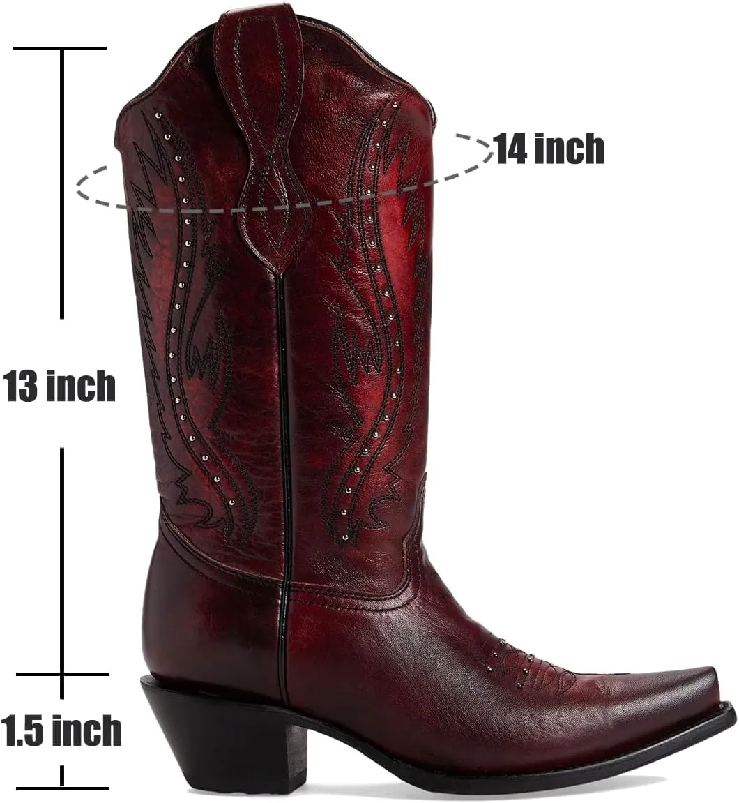 Women Vintage Embroidered Cowboy Boots Knee High Western Boots Chunky Stacked Heel Pointed Square Toe Mid Calf Cowgirl Boots Metallic Matte Pull On V Cut Fall Boot Exotic 4-11 M US