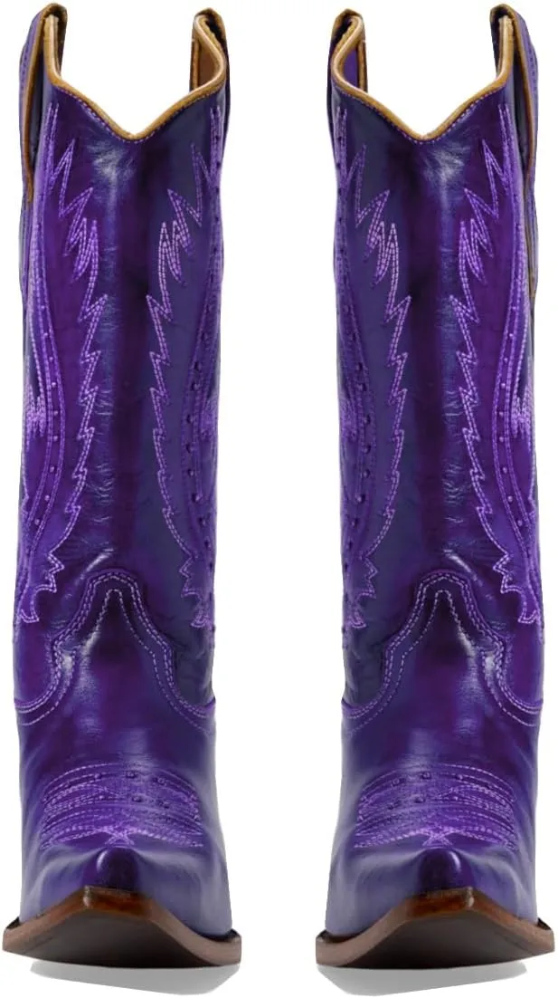 Women Vintage Embroidered Cowboy Boots Knee High Western Boots Chunky Stacked Heel Pointed Square Toe Mid Calf Cowgirl Boots Metallic Matte Pull On V Cut Fall Boot Exotic 4-11 M US