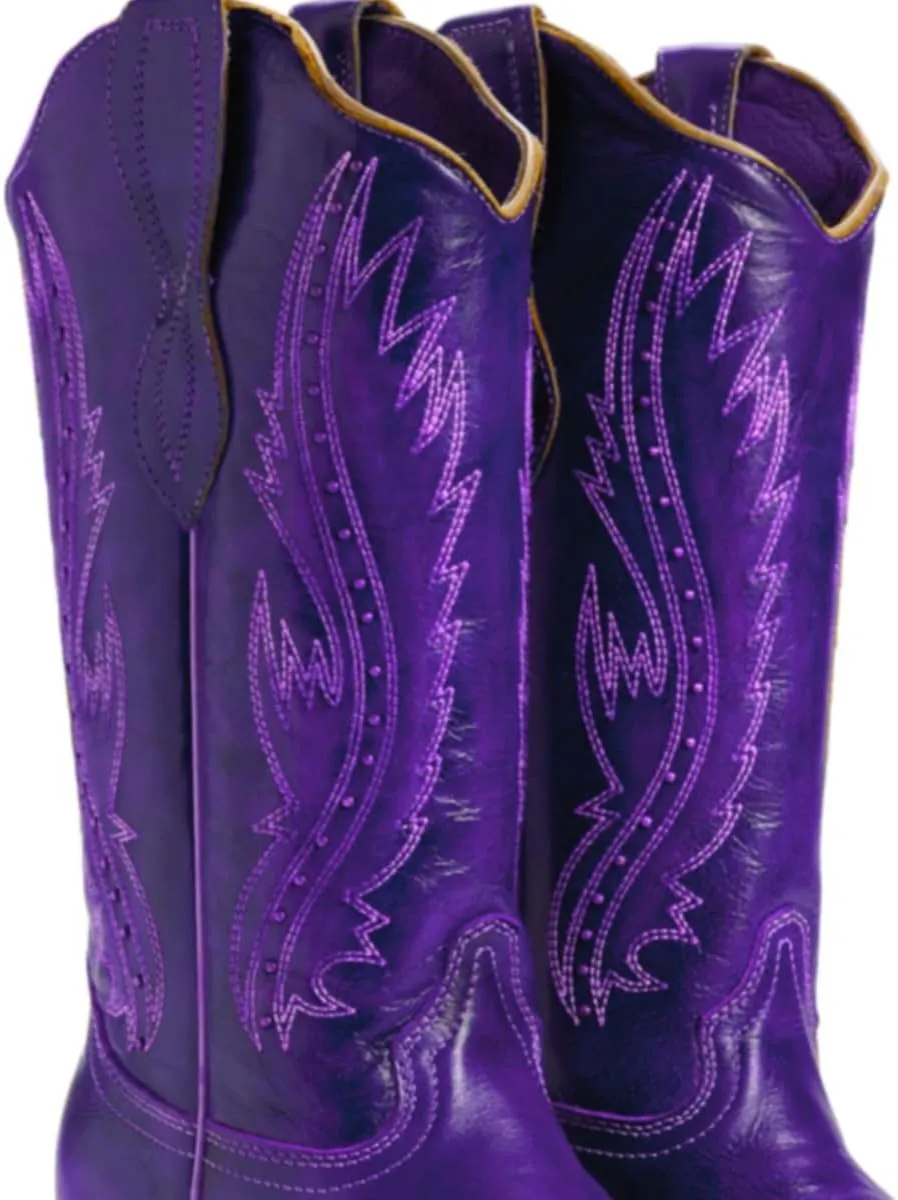 Women Vintage Embroidered Cowboy Boots Knee High Western Boots Chunky Stacked Heel Pointed Square Toe Mid Calf Cowgirl Boots Metallic Matte Pull On V Cut Fall Boot Exotic 4-11 M US