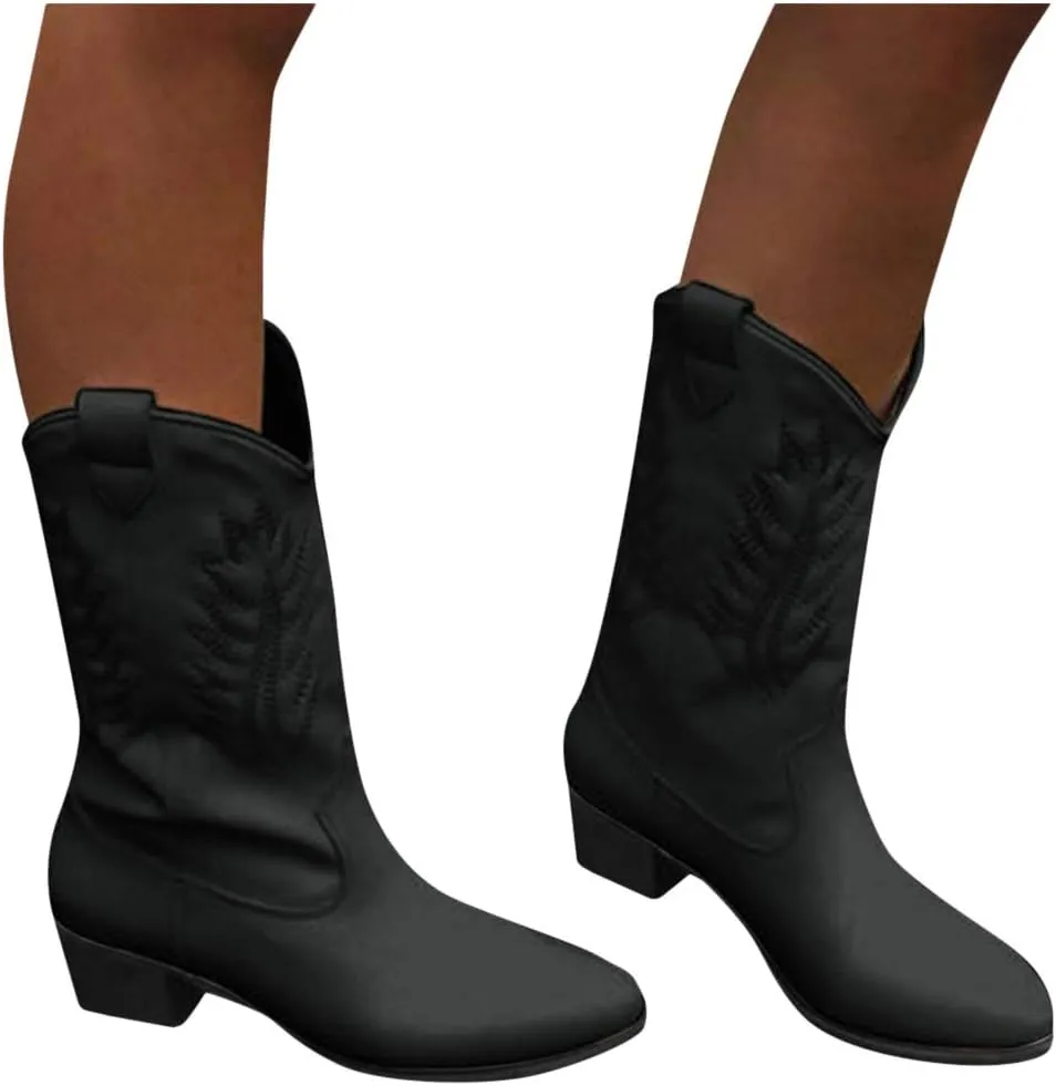 Women Western Cowboy Ankle Boots Low Chunky Heels Square Toe Fall Short Booties Classic Embroidered Retro Shoes