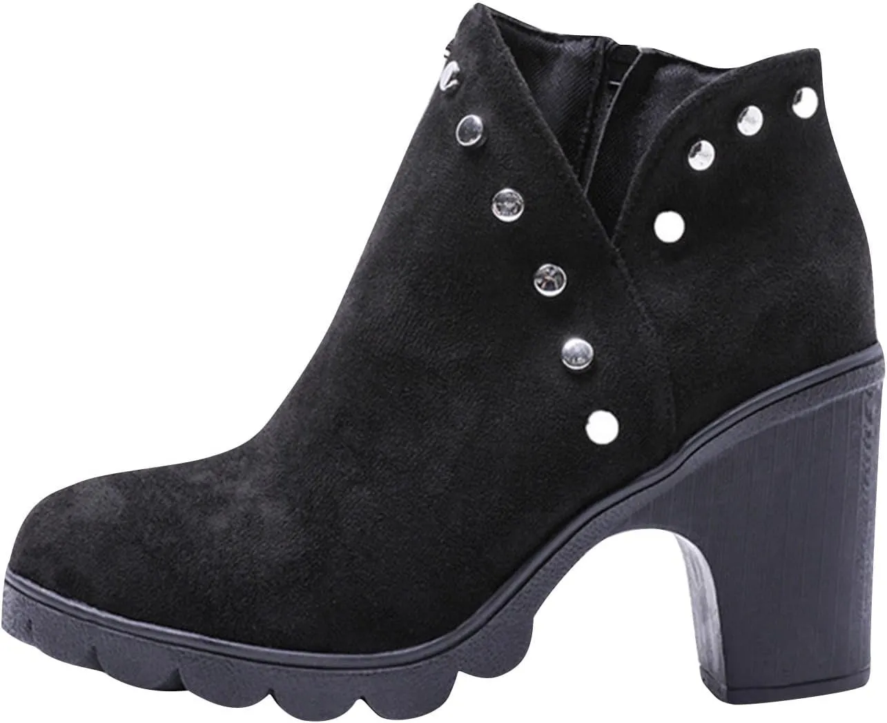 Women's Ankle Boots Fall Winter Fashion Rivet Decor Side Zipper Round Toe Chunky High Heel Mid-Calf Booties Shoes