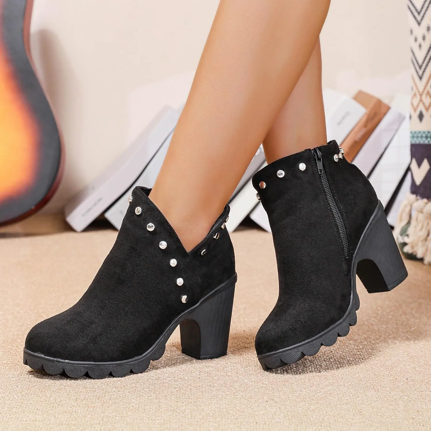 Women's Ankle Boots Fall Winter Fashion Rivet Decor Side Zipper Round Toe Chunky High Heel Mid-Calf Booties Shoes
