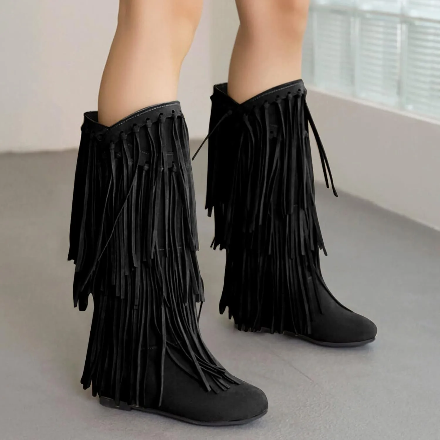 Women's Cowgirl Boots Classic Fringe Flat Heel Boots Fashion Western Cowboy Boots Mid Calf Round Toe Boots