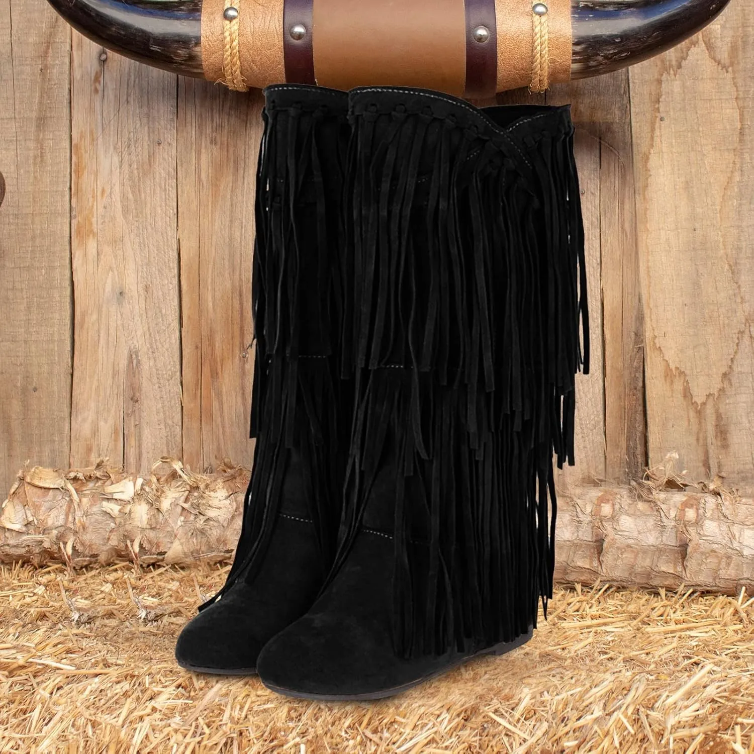 Women's Cowgirl Boots Classic Fringe Flat Heel Boots Fashion Western Cowboy Boots Mid Calf Round Toe Boots