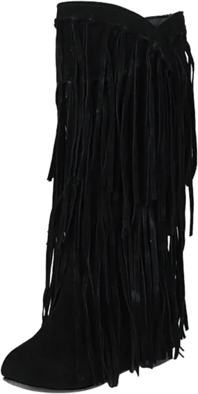 Women's Cowgirl Boots Classic Fringe Flat Heel Boots Fashion Western Cowboy Boots Mid Calf Round Toe Boots
