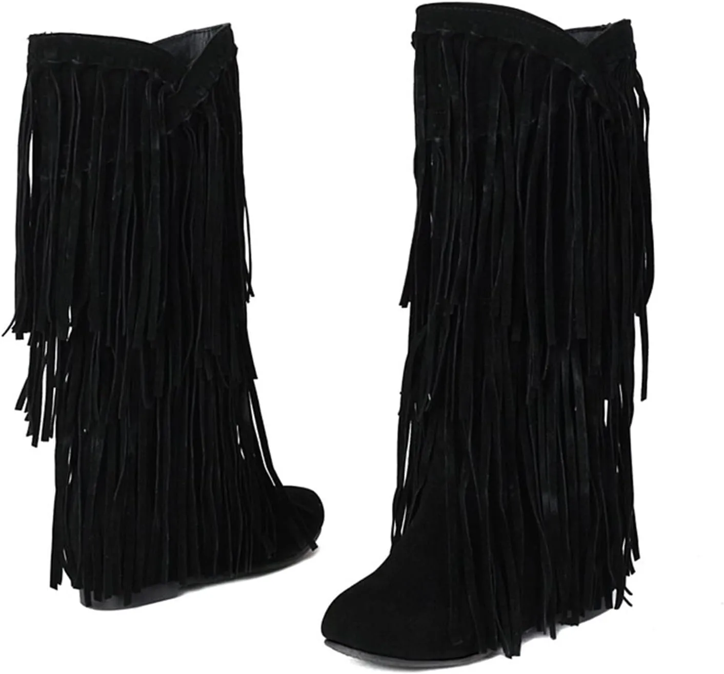 Women's Cowgirl Boots Classic Fringe Flat Heel Boots Fashion Western Cowboy Boots Mid Calf Round Toe Boots