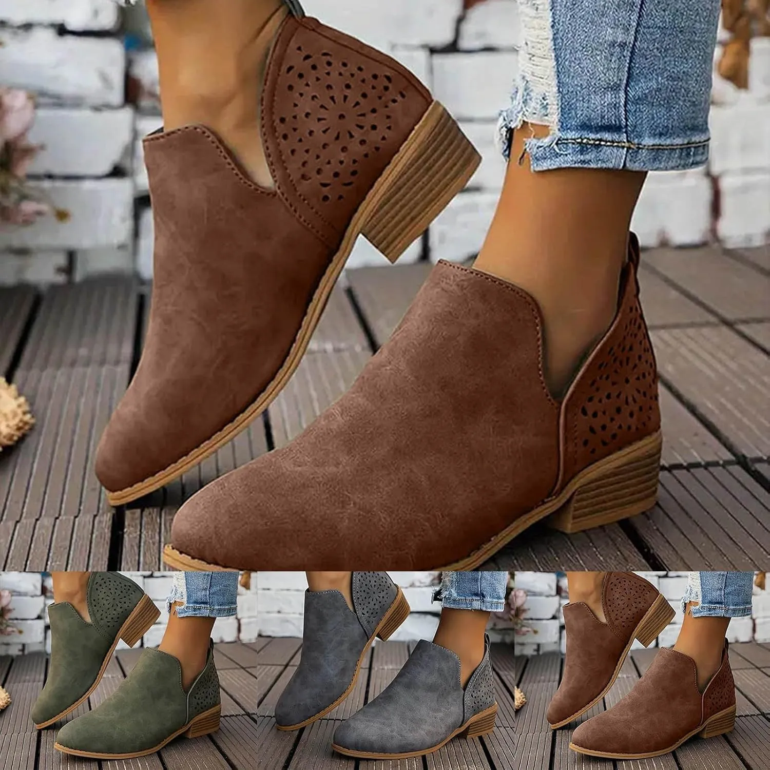 Women's Fashion Riding Ankle Boots Comfortable Casual Boots Embroidered Rainbow Side Heel Patch Low Chunky Heel
