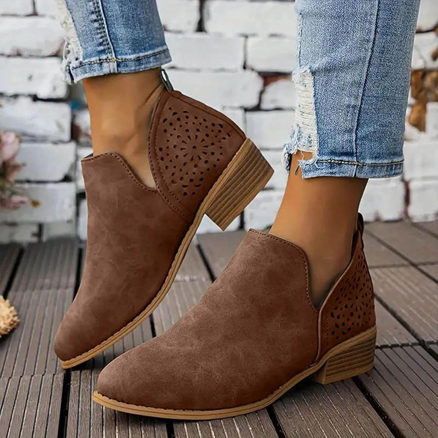 Women's Fashion Riding Ankle Boots Comfortable Casual Boots Embroidered Rainbow Side Heel Patch Low Chunky Heel