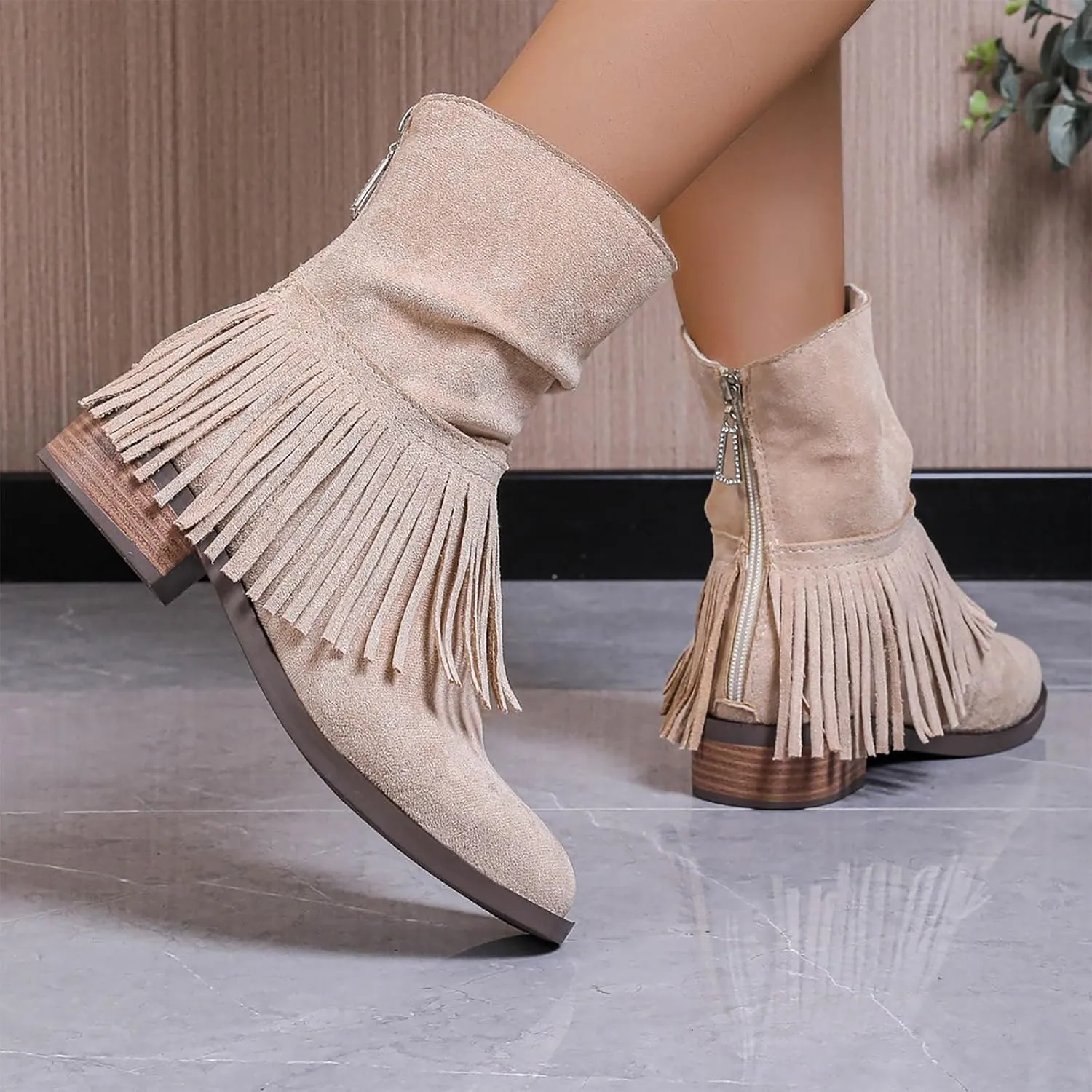 Women's Fringe Boot Slouch Boots Moccasin Ankle Boots Vintage Western Boots Flats Cowboy Boots Round Toe Slip On Boot