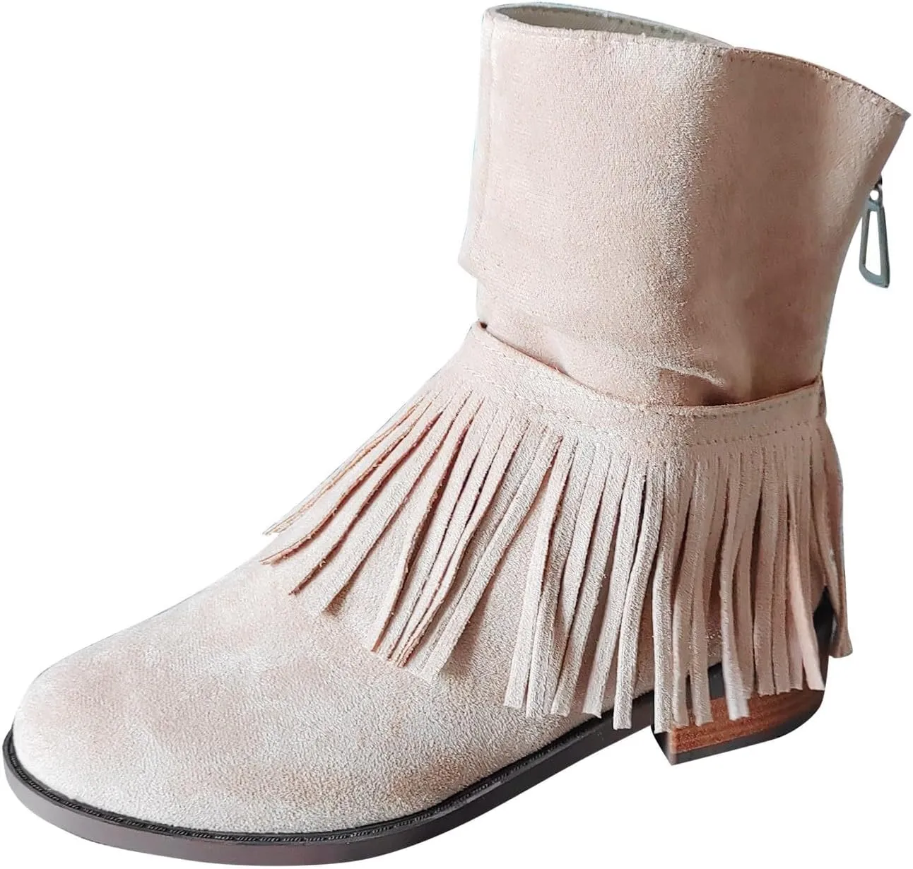 Women's Fringe Boot Slouch Boots Moccasin Ankle Boots Vintage Western Boots Flats Cowboy Boots Round Toe Slip On Boot