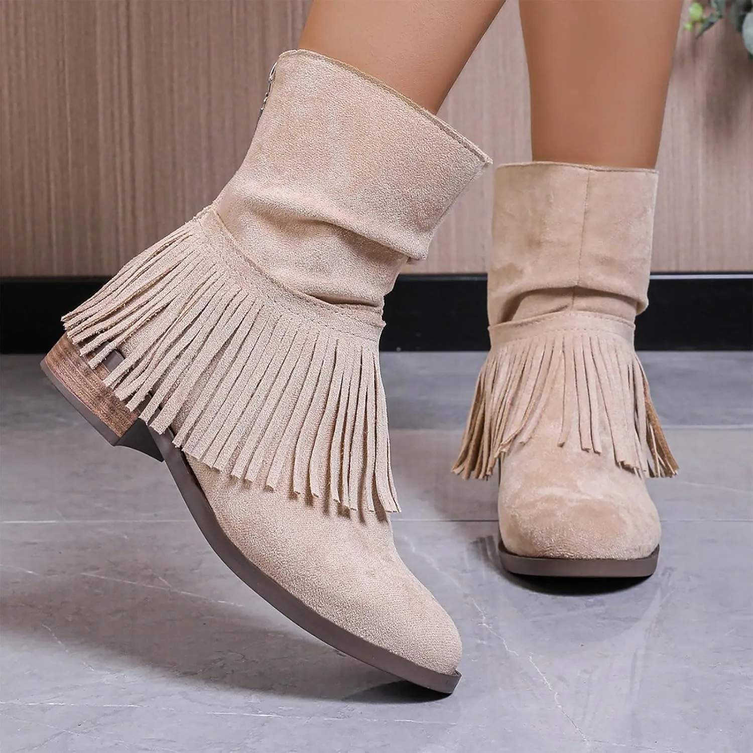 Women's Fringe Boot Slouch Boots Moccasin Ankle Boots Vintage Western Boots Flats Cowboy Boots Round Toe Slip On Boot
