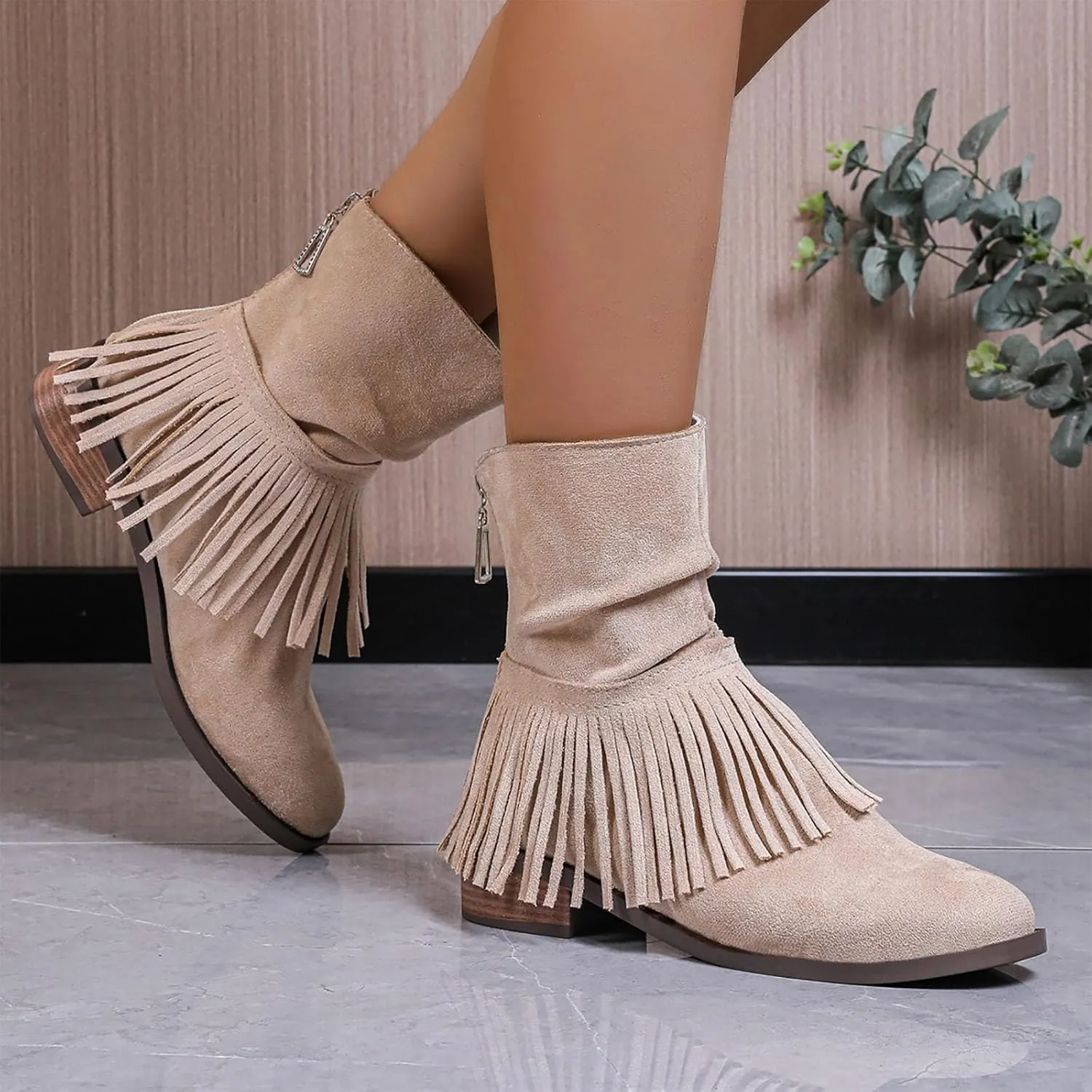 Women's Fringe Boot Slouch Boots Moccasin Ankle Boots Vintage Western Boots Flats Cowboy Boots Round Toe Slip On Boot
