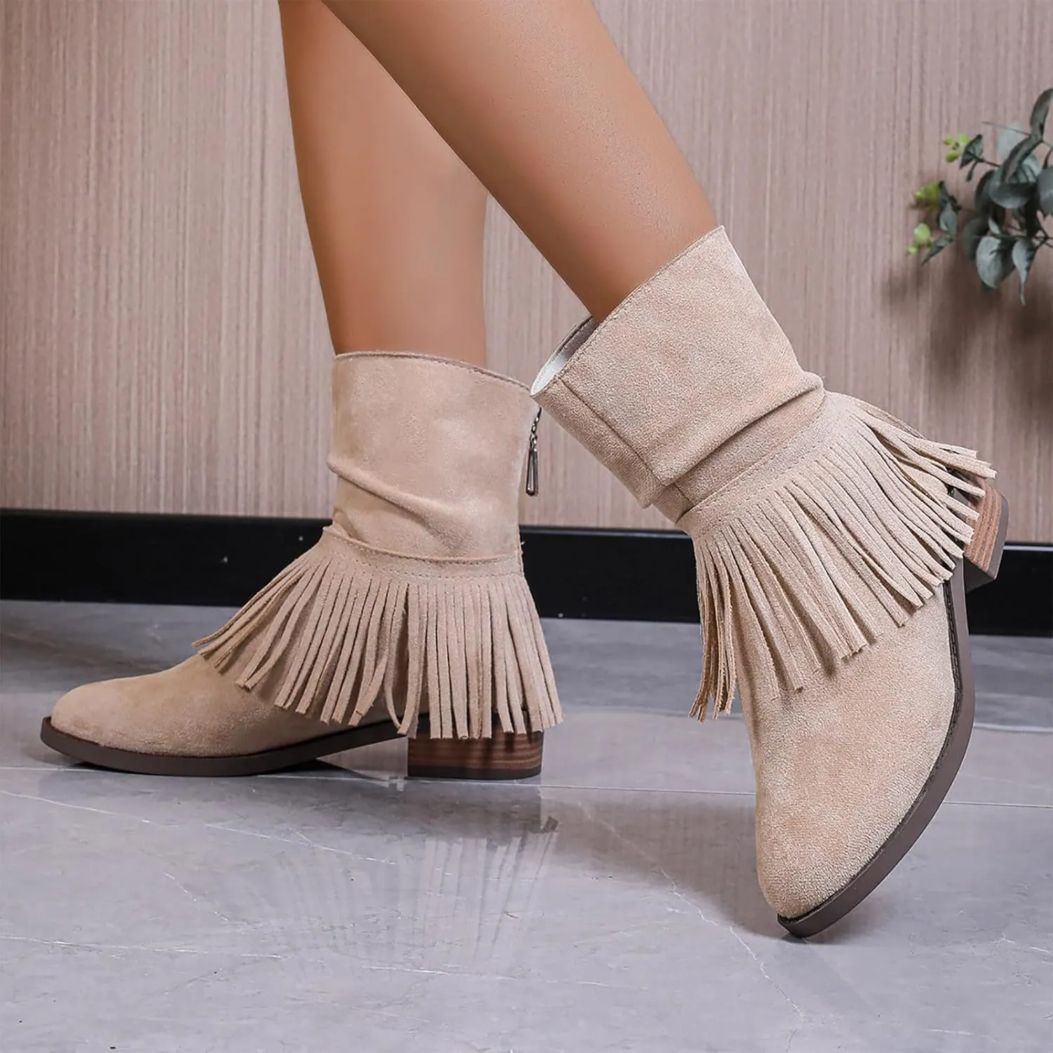 Women's Fringe Boot Slouch Boots Moccasin Ankle Boots Vintage Western Boots Flats Cowboy Boots Round Toe Slip On Boot