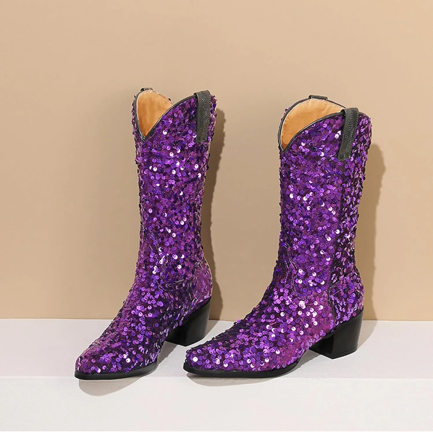 Women's Glitter Sequin Cowgirl Mid Claf Boots,Fashion Sparkly Pointed Toe Chunky Heel Pull On Tabs Boots Adult Knight Cowboy Boots Classic Non-slip Middle Boots