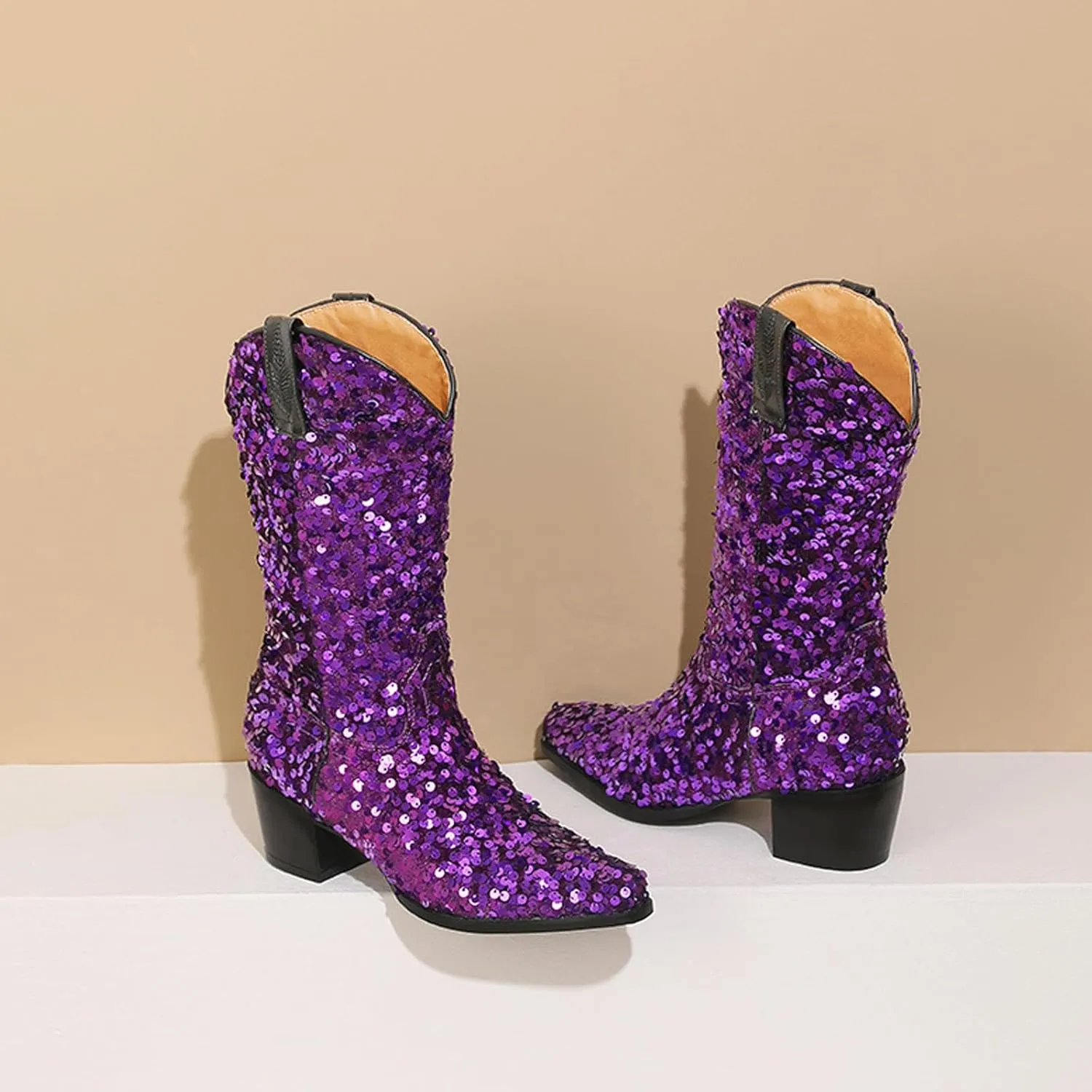 Women's Glitter Sequin Cowgirl Mid Claf Boots,Fashion Sparkly Pointed Toe Chunky Heel Pull On Tabs Boots Adult Knight Cowboy Boots Classic Non-slip Middle Boots