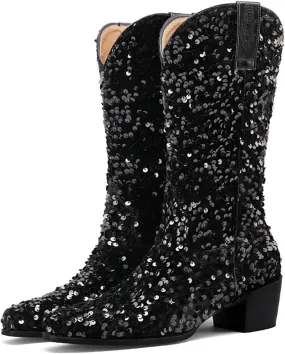 Women's Glitter Sequin Cowgirl Mid Claf Boots,Fashion Sparkly Pointed Toe Chunky Heel Pull On Tabs Boots Adult Knight Cowboy Boots Classic Non-slip Middle Boots