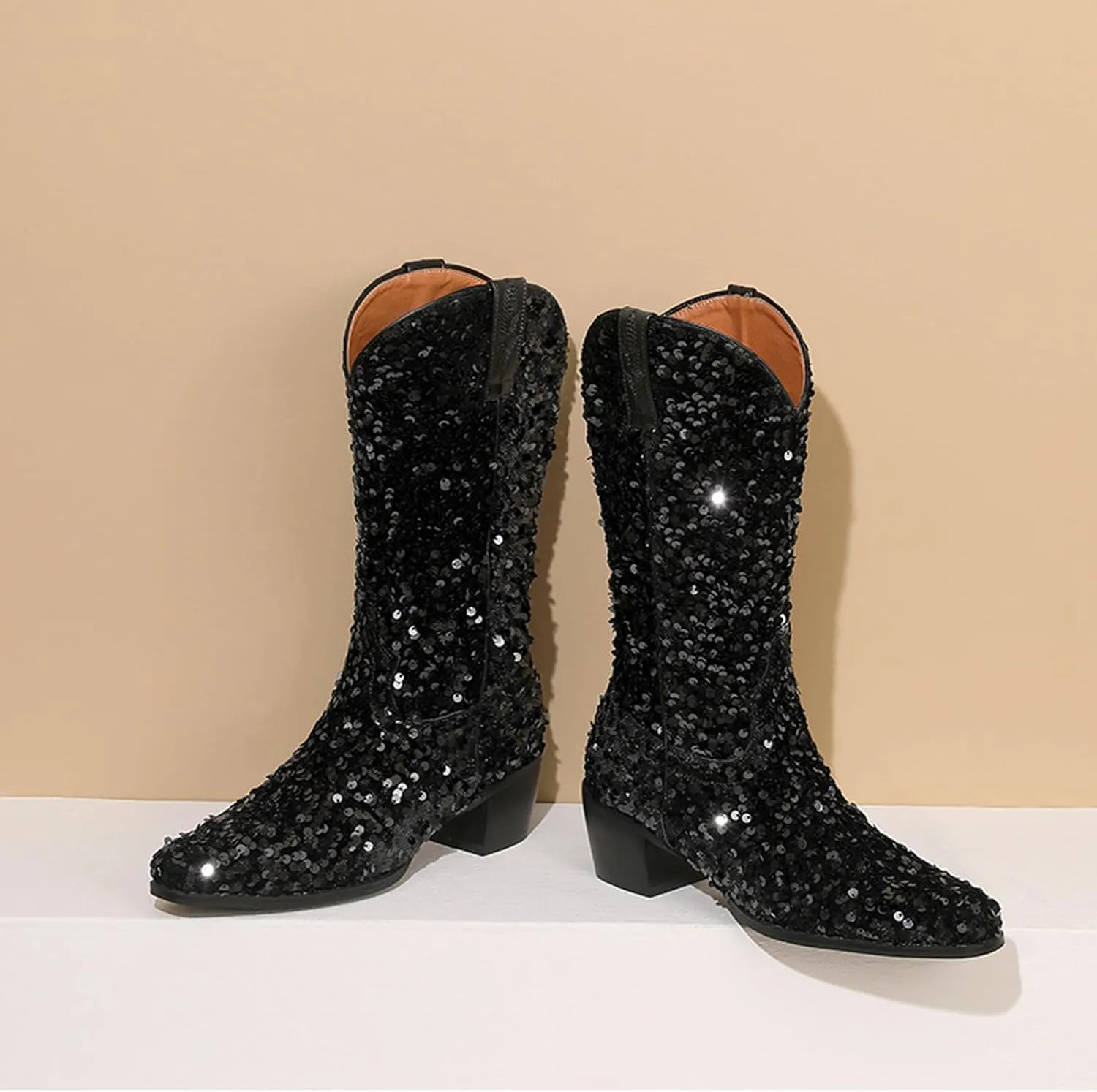 Women's Glitter Sequin Cowgirl Mid Claf Boots,Fashion Sparkly Pointed Toe Chunky Heel Pull On Tabs Boots Adult Knight Cowboy Boots Classic Non-slip Middle Boots
