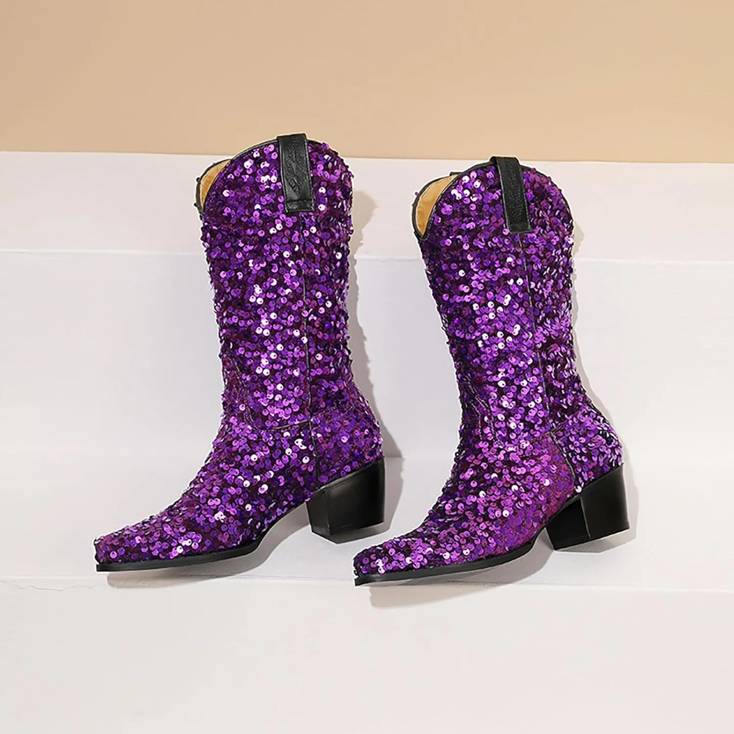 Women's Glitter Sequin Cowgirl Mid Claf Boots,Fashion Sparkly Pointed Toe Chunky Heel Pull On Tabs Boots Adult Knight Cowboy Boots Classic Non-slip Middle Boots