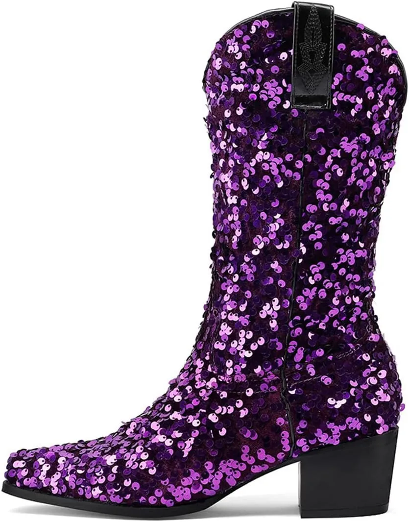 Women's Glitter Sequin Cowgirl Mid Claf Boots,Fashion Sparkly Pointed Toe Chunky Heel Pull On Tabs Boots Adult Knight Cowboy Boots Classic Non-slip Middle Boots