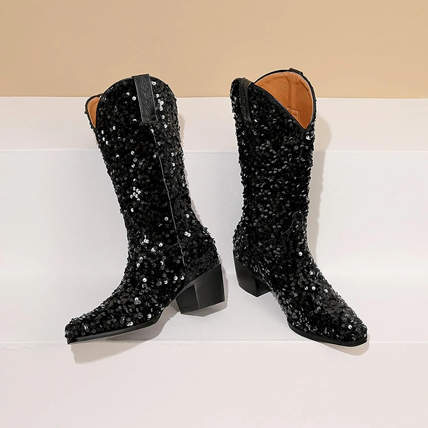 Women's Glitter Sequin Cowgirl Mid Claf Boots,Fashion Sparkly Pointed Toe Chunky Heel Pull On Tabs Boots Adult Knight Cowboy Boots Classic Non-slip Middle Boots