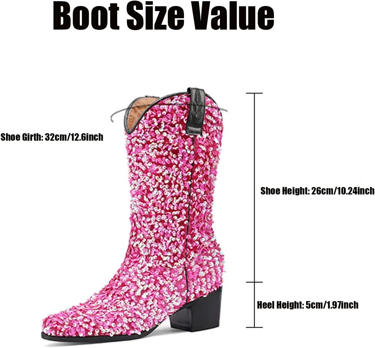 Women's Glitter Sequin Cowgirl Mid Claf Boots,Fashion Sparkly Pointed Toe Chunky Heel Pull On Tabs Boots Adult Knight Cowboy Boots Classic Non-slip Middle Boots