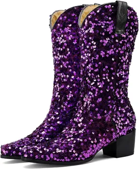 Women's Glitter Sequin Cowgirl Mid Claf Boots,Fashion Sparkly Pointed Toe Chunky Heel Pull On Tabs Boots Adult Knight Cowboy Boots Classic Non-slip Middle Boots
