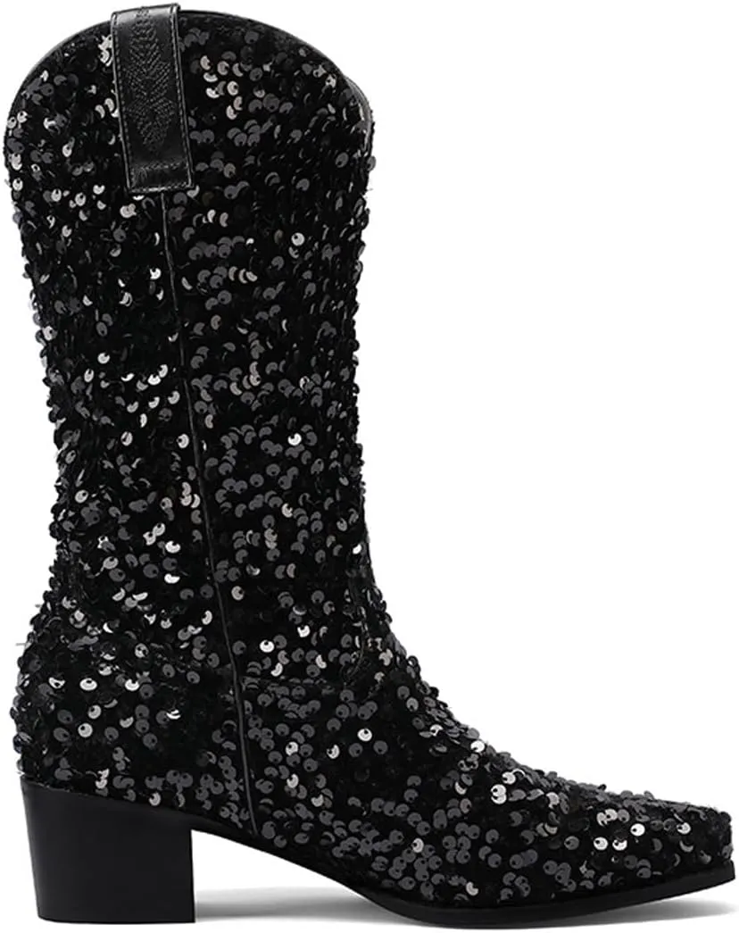 Women's Glitter Sequin Cowgirl Mid Claf Boots,Fashion Sparkly Pointed Toe Chunky Heel Pull On Tabs Boots Adult Knight Cowboy Boots Classic Non-slip Middle Boots