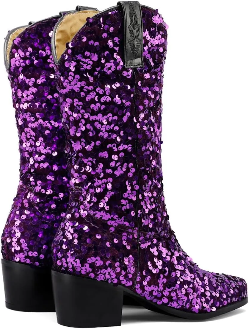 Women's Glitter Sequin Cowgirl Mid Claf Boots,Fashion Sparkly Pointed Toe Chunky Heel Pull On Tabs Boots Adult Knight Cowboy Boots Classic Non-slip Middle Boots