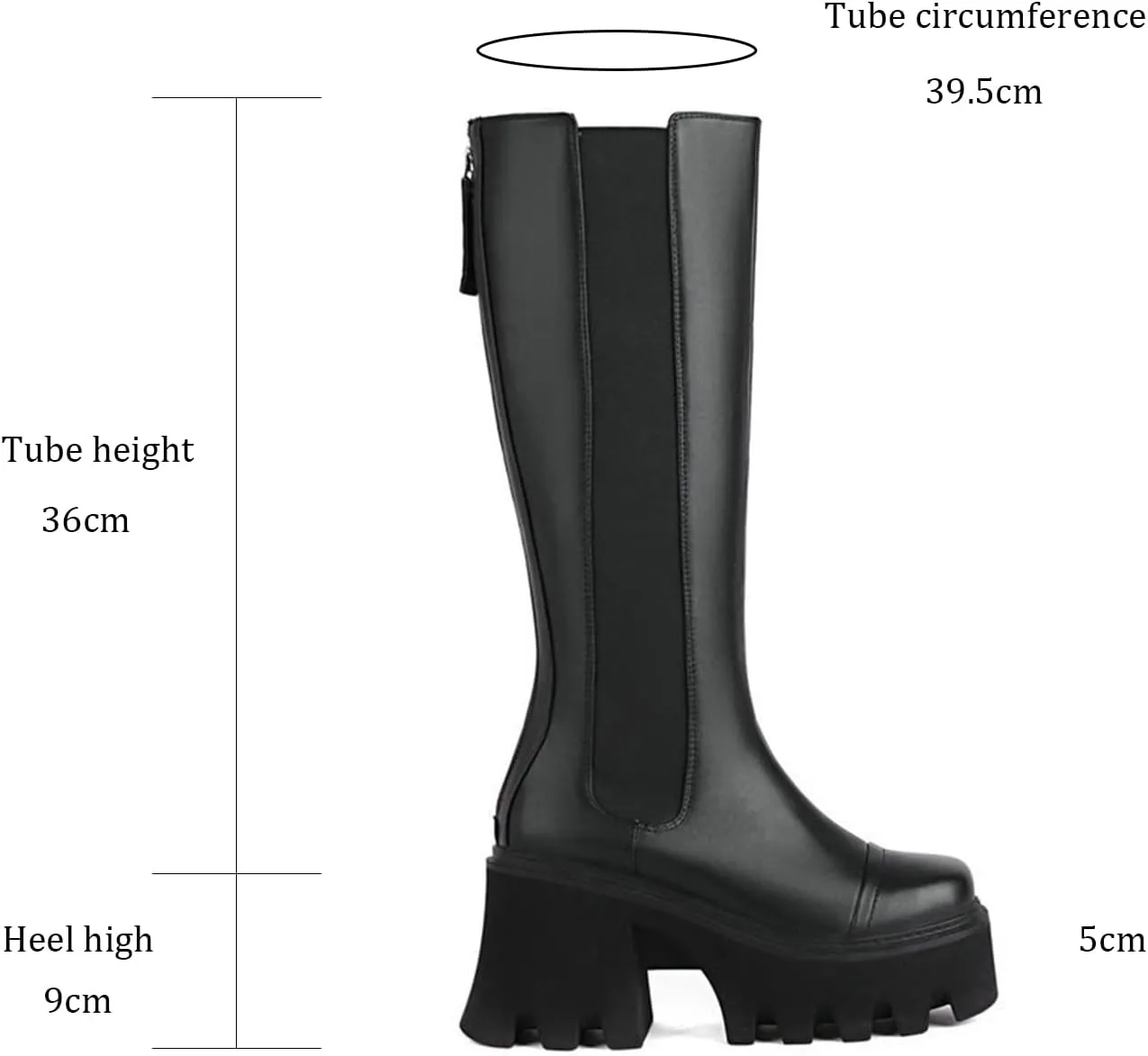 Womens High Platform Knee High Boots Mid Calf Chunky High Heel Side Zip Knight Boots