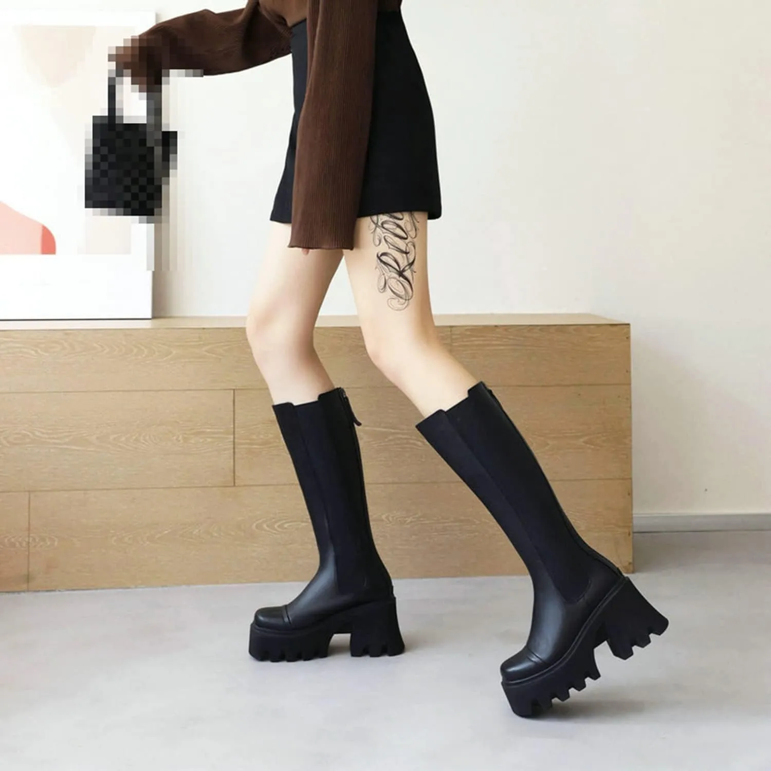 Womens High Platform Knee High Boots Mid Calf Chunky High Heel Side Zip Knight Boots