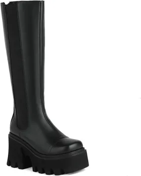 Womens High Platform Knee High Boots Mid Calf Chunky High Heel Side Zip Knight Boots