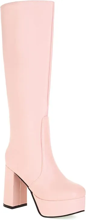 Womens Knee High Platform Boots Zipper Chunky Heeled Fashion Leather Evening Winter Booties