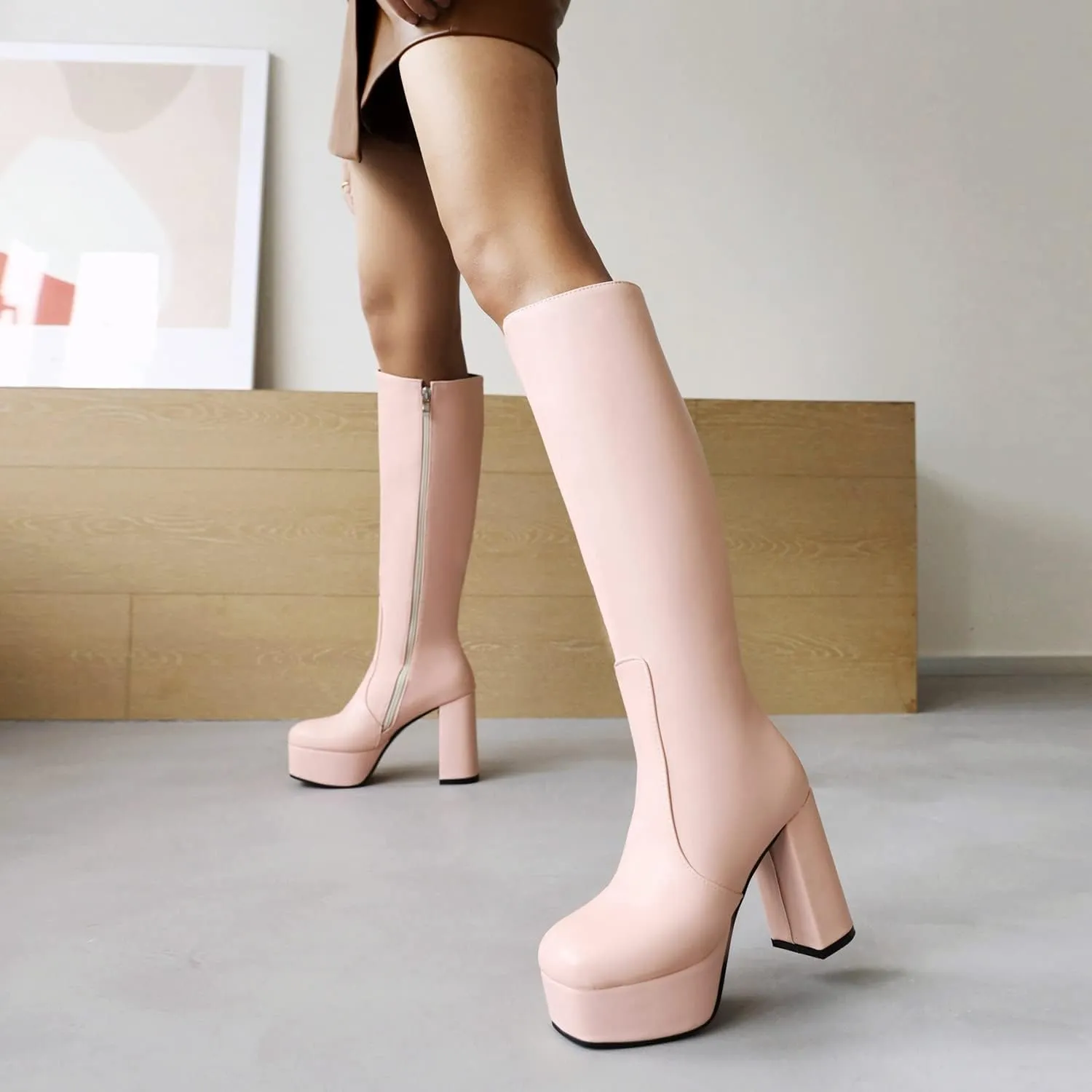 Womens Knee High Platform Boots Zipper Chunky Heeled Fashion Leather Evening Winter Booties