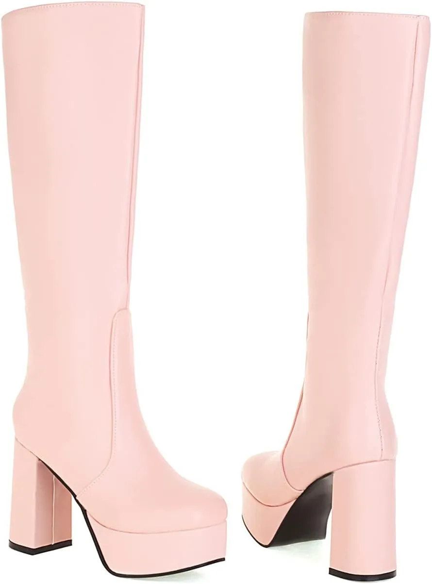 Womens Knee High Platform Boots Zipper Chunky Heeled Fashion Leather Evening Winter Booties