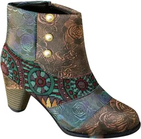Women's Leather Boots Retro Ethnic Style Printed Casual Shoes Chunky Block Heel Pointed Toe Side Zip Short Booties