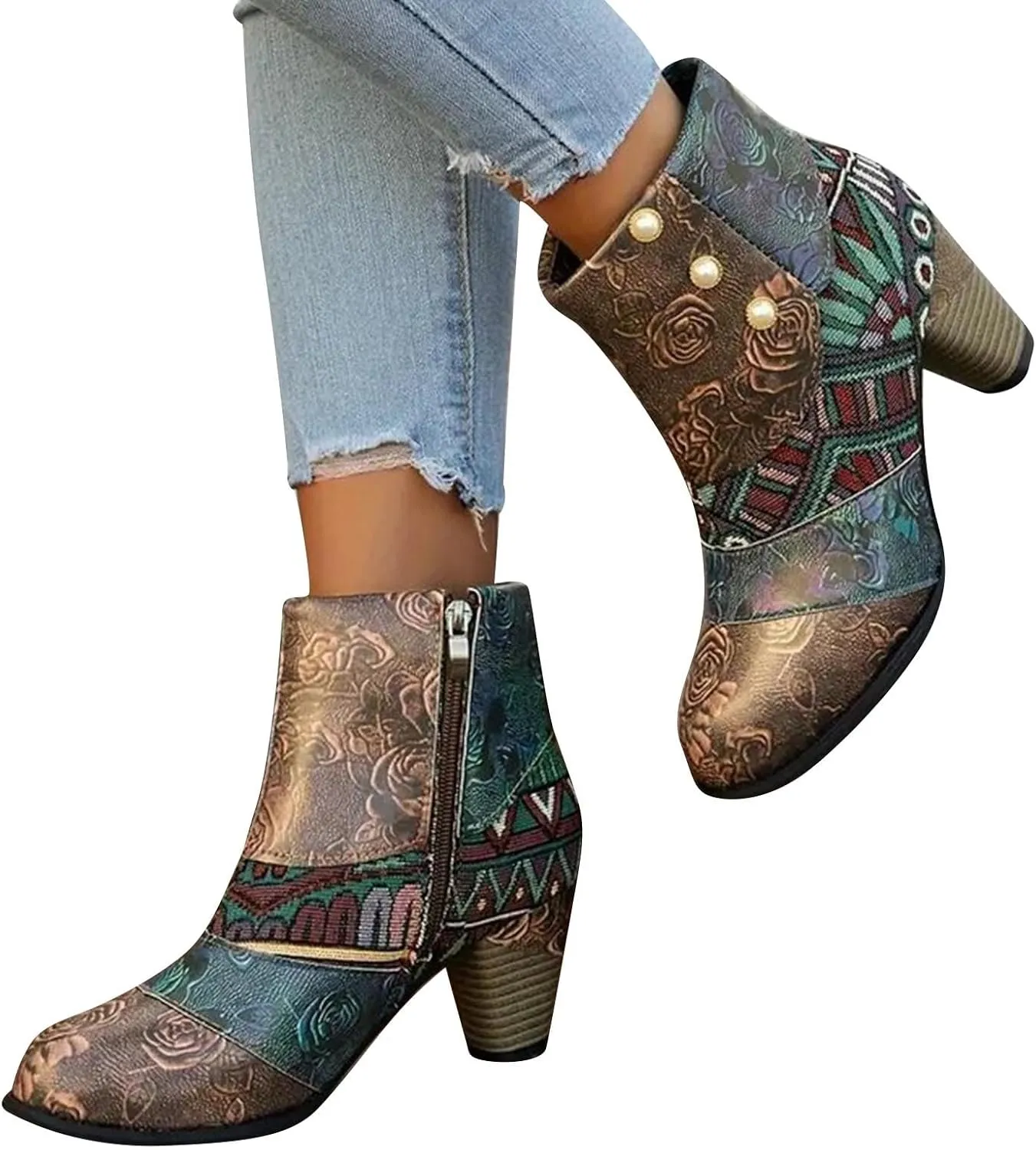 Women's Leather Boots Retro Ethnic Style Printed Casual Shoes Chunky Block Heel Pointed Toe Side Zip Short Booties