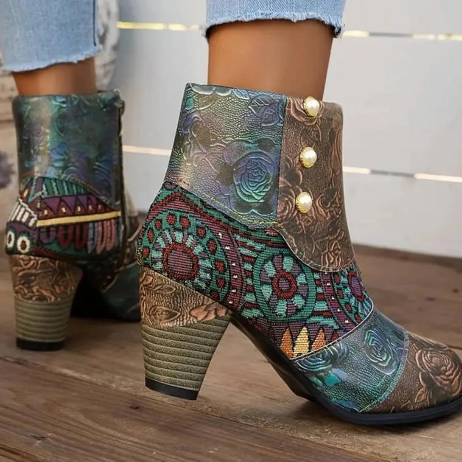Women's Leather Boots Retro Ethnic Style Printed Casual Shoes Chunky Block Heel Pointed Toe Side Zip Short Booties