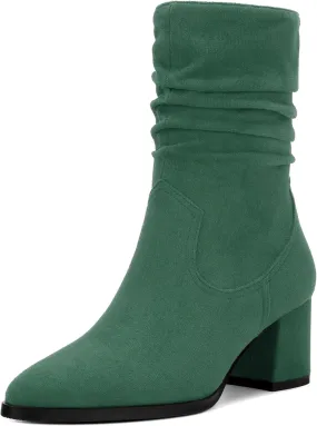 Women's Mid Calf Boots, Chunky Heel Pleated Calf Boots for Women, Fashion Pointed Toe Side Zipper Mid Heel Women's Boots,Women Shoes for Workpalce, Street and Banquet.