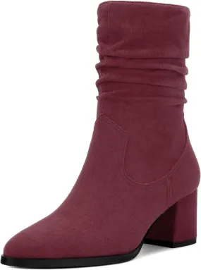 Women's Mid Calf Boots, Chunky Heel Pleated Calf Boots for Women, Fashion Pointed Toe Side Zipper Mid Heel Women's Boots,Women Shoes for Workpalce, Street and Banquet.