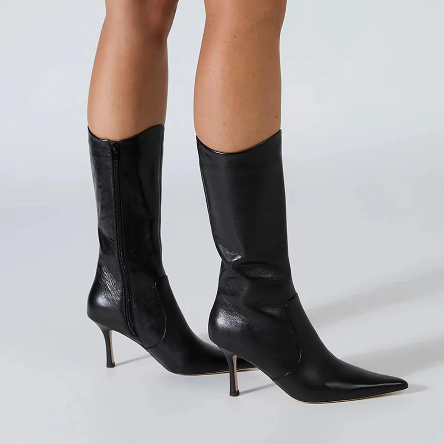 Women's mid-calf boots fashionable pointed toe casual boots stiletto heel side zipper boots