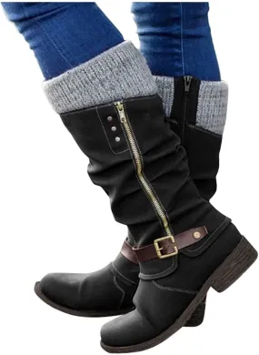 ZHOUYF Womens Mid Calf Snow Boots Fashion Side Zipper Low Heel Non-Slip Knight Booties Winter Warm Retro Western Cowboy Boots