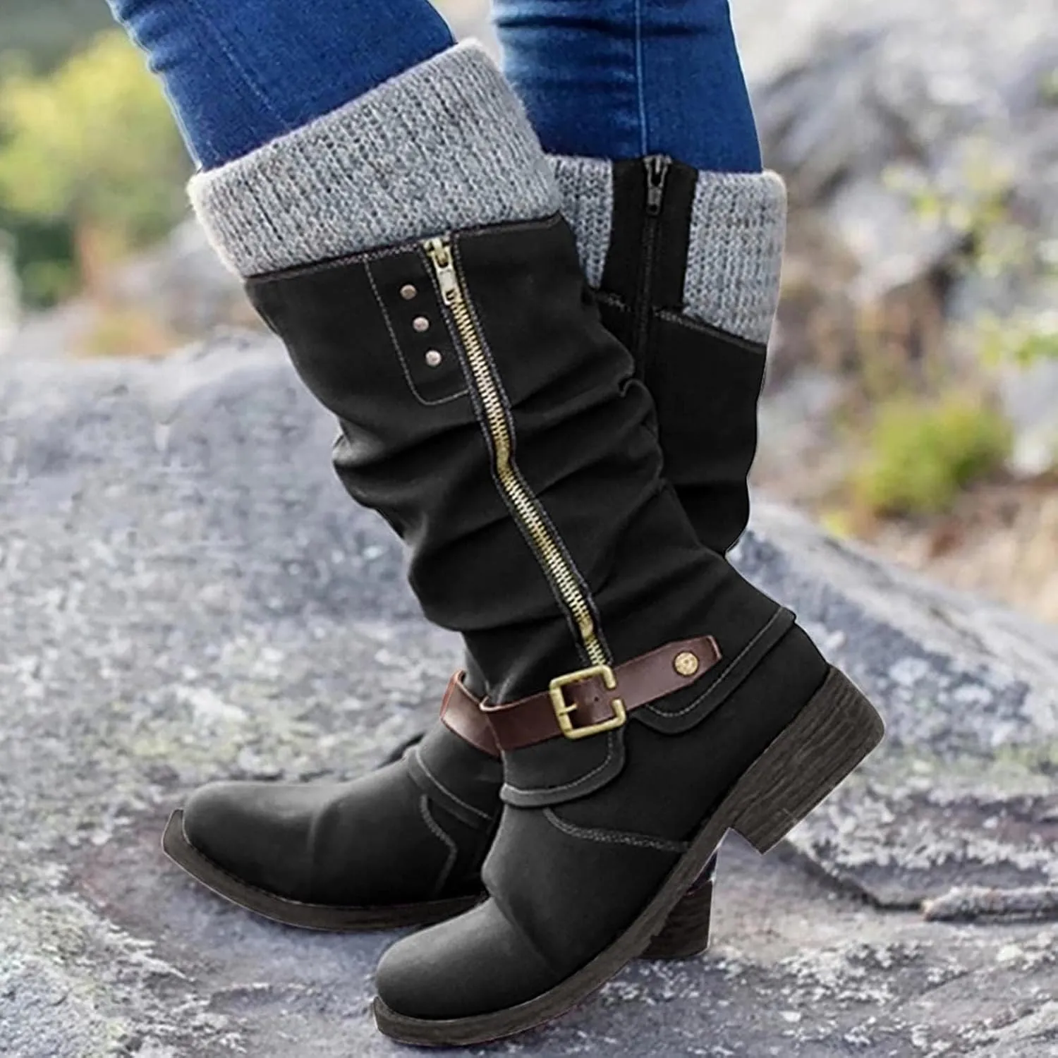 ZHOUYF Womens Mid Calf Snow Boots Fashion Side Zipper Low Heel Non-Slip Knight Booties Winter Warm Retro Western Cowboy Boots