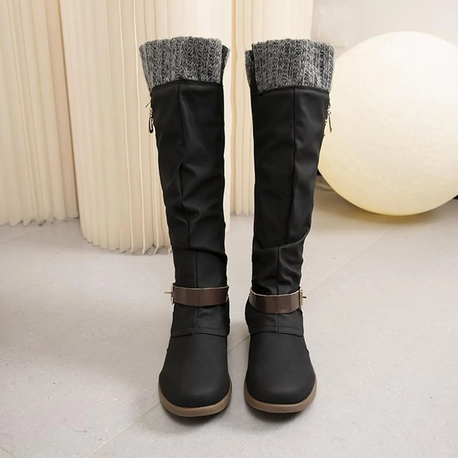 ZHOUYF Womens Mid Calf Snow Boots Fashion Side Zipper Low Heel Non-Slip Knight Booties Winter Warm Retro Western Cowboy Boots