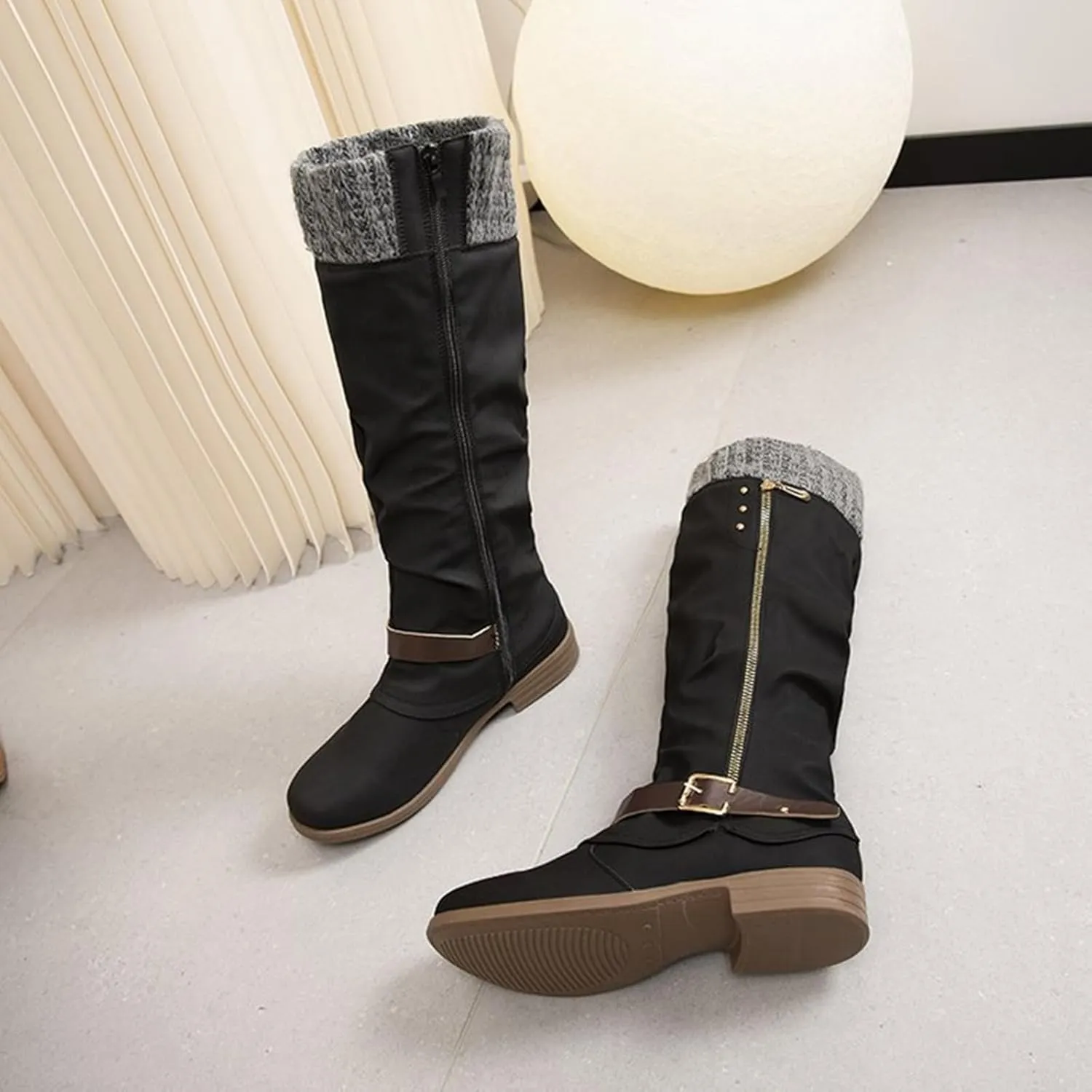ZHOUYF Womens Mid Calf Snow Boots Fashion Side Zipper Low Heel Non-Slip Knight Booties Winter Warm Retro Western Cowboy Boots